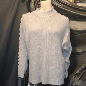 Tahari Light Gray Ribbed Turtleneck Sweater with Sleeve Button Detail
